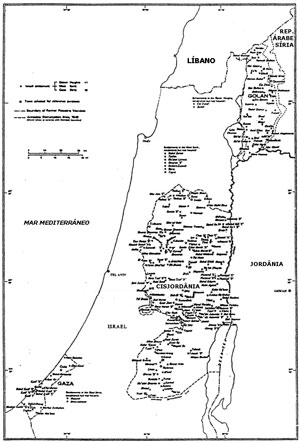 Mapa com os colonatos israelitas estabelecidos nos territórios ocupados
