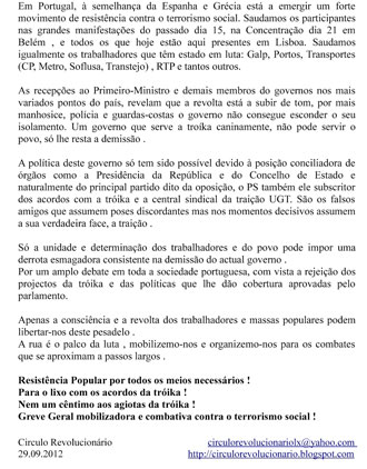 Comunicado de 29 de Setembro do Círculo Revolucionário