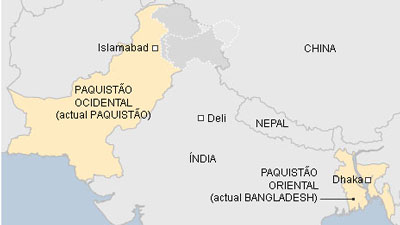 Mapa do Paquistão Ocidental e Oriental