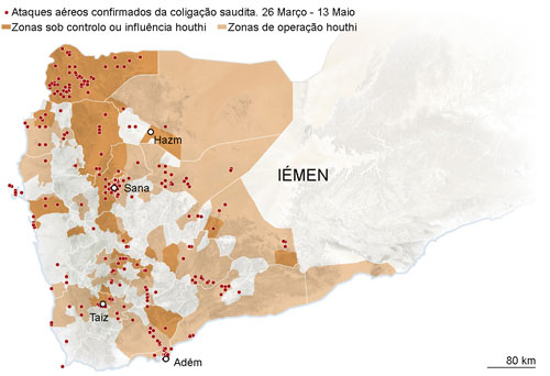 Mapa dos ataques aéreos da coligação liderada pelos sauditas